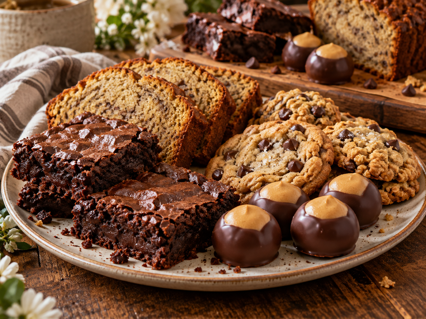 Assorted desserts — brownies, cookies, and chocolate treats
