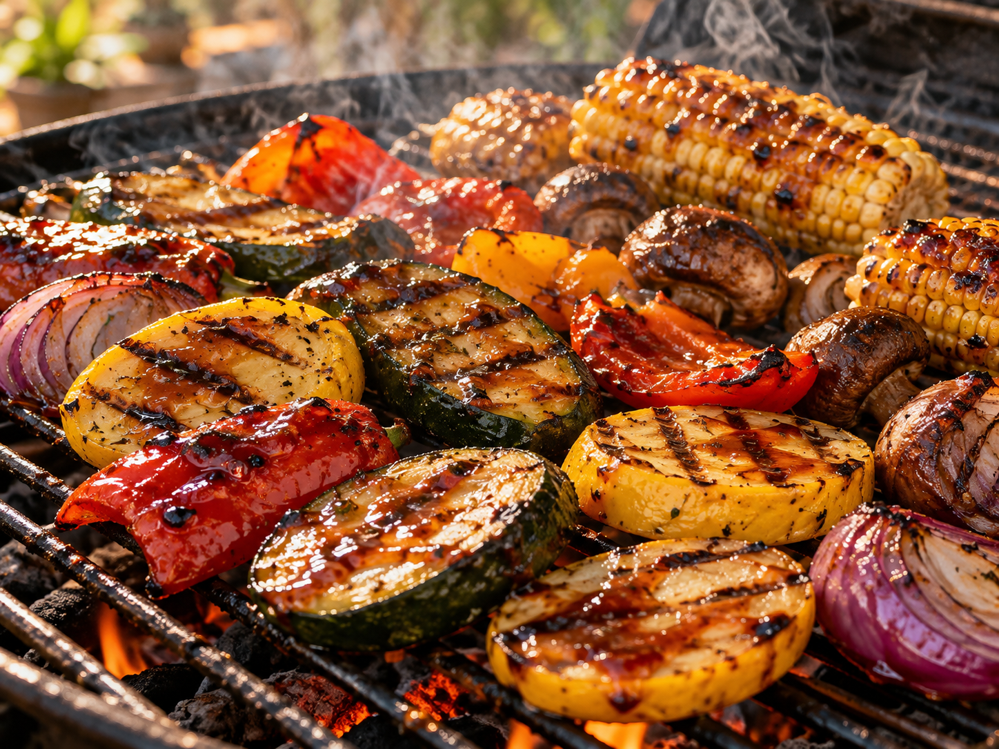 Smoky glazed vegetables and corn on the grill